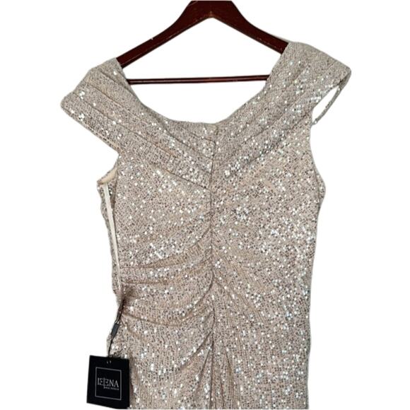 NWT Mac Duggal Beige Sequin Off Drop Shoulder Maxi Sheath Gown Sz 10 - Picture 9 of 11